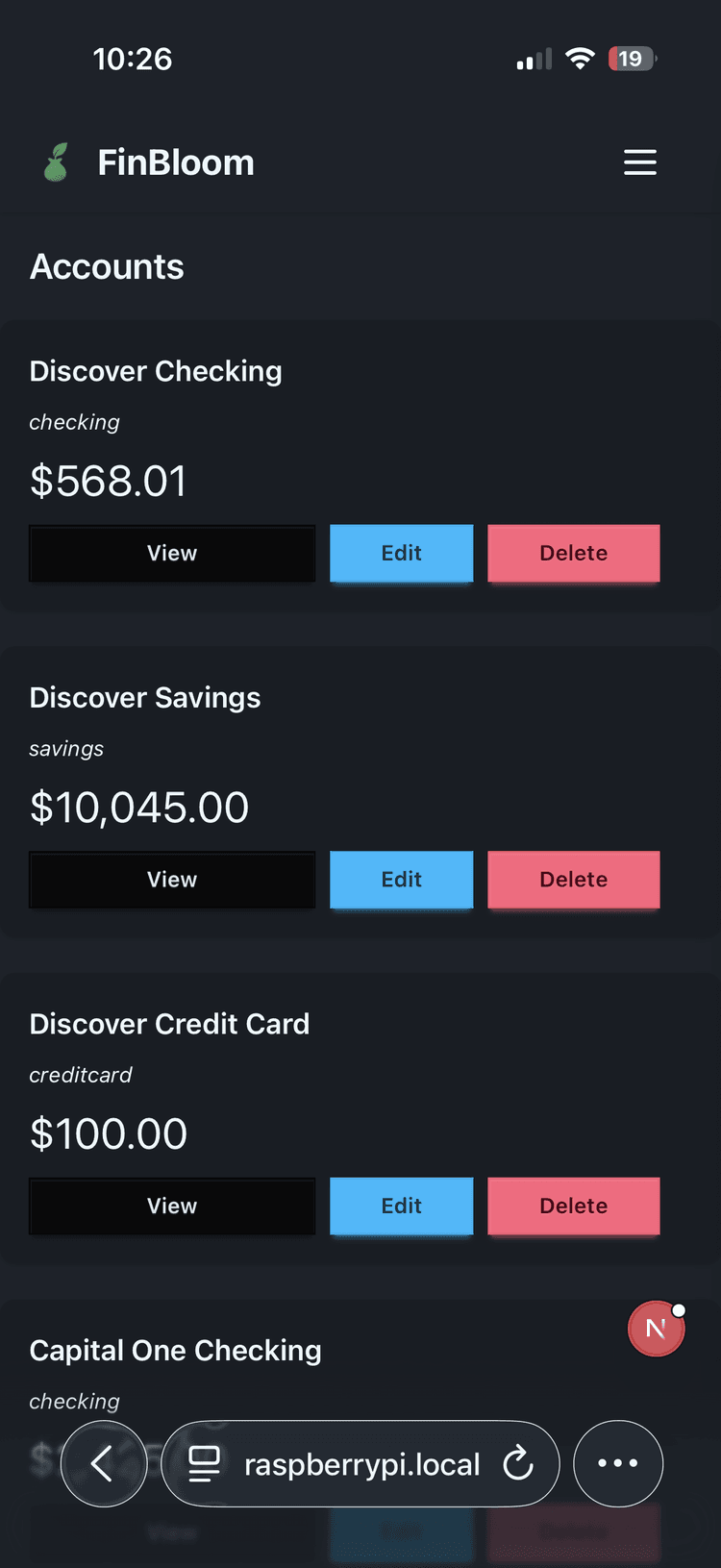 application dashboard