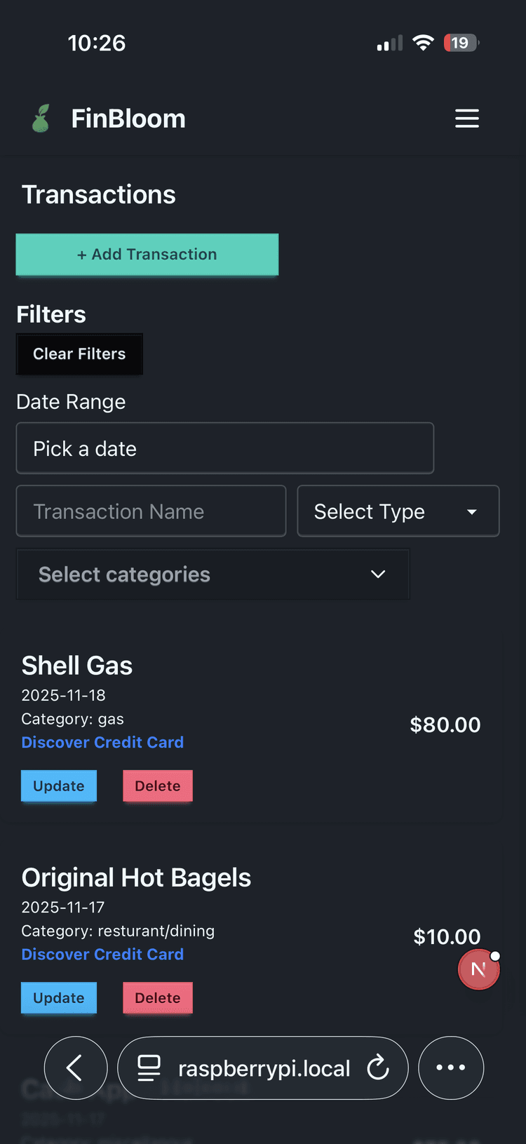 application dashboard