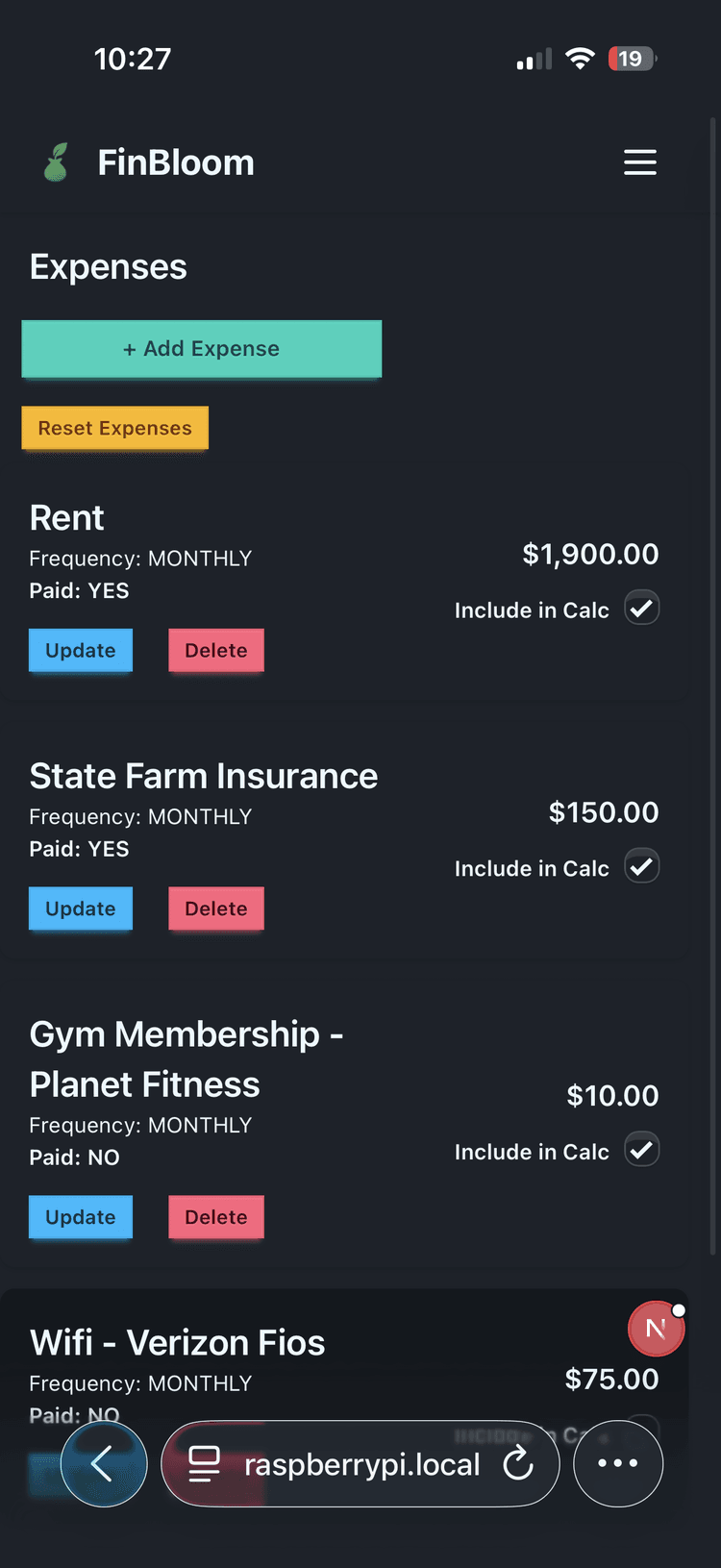 application dashboard